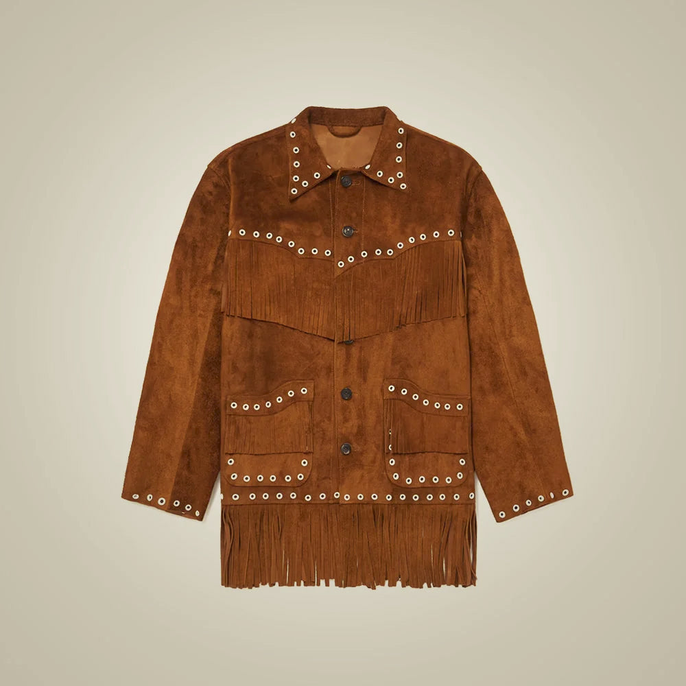 Front view of men’s brown goatskin suede fringe jacket with white eyelets, buttons and hem tassels