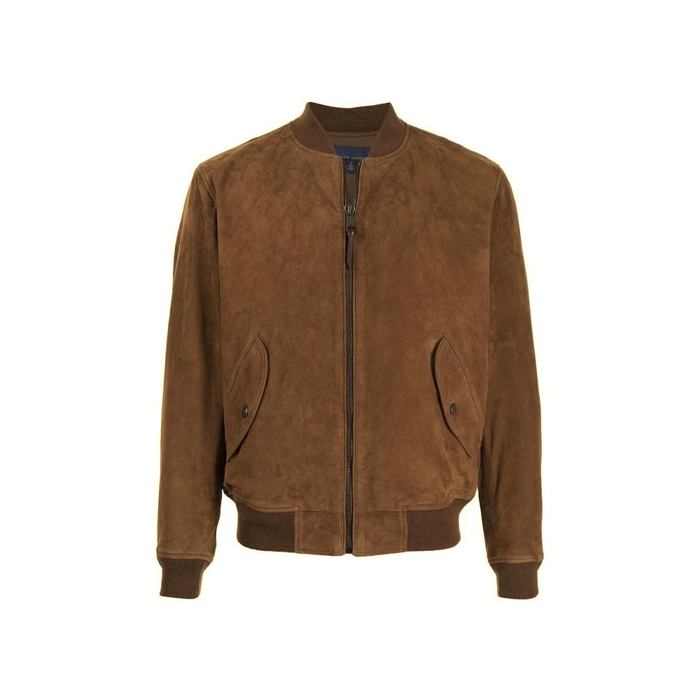 Front product view of a men’s brown goatskin suede bomber with YKK zipper, ribbed collar and angled snap-flap pockets