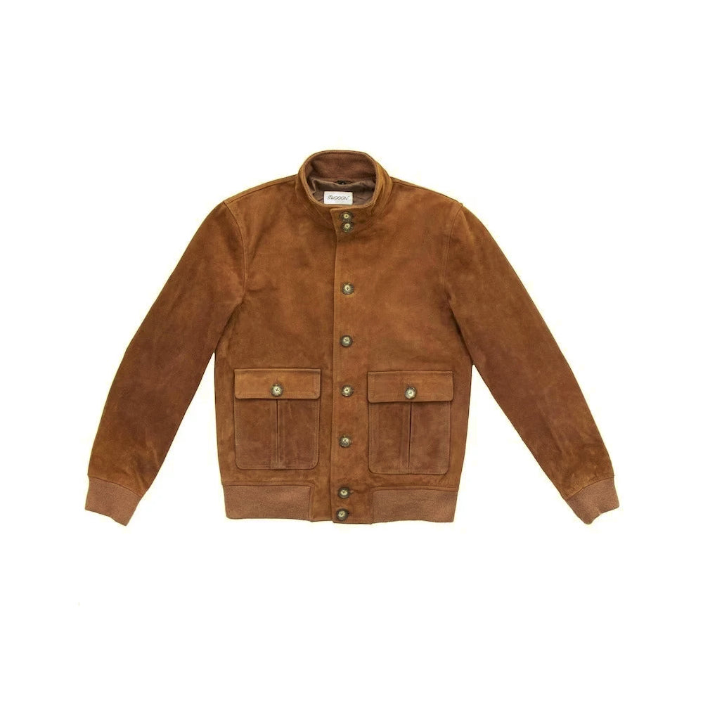 Front view of a men’s brown suede A-1 bomber jacket with button closure and pleated utility pockets