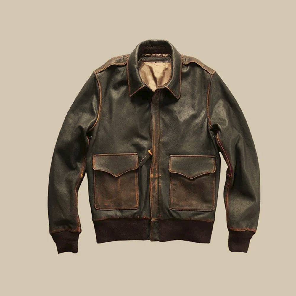 Front view of men’s burnished brown A-2 cowhide flight jacket with epaulettes and snap-flap pockets
