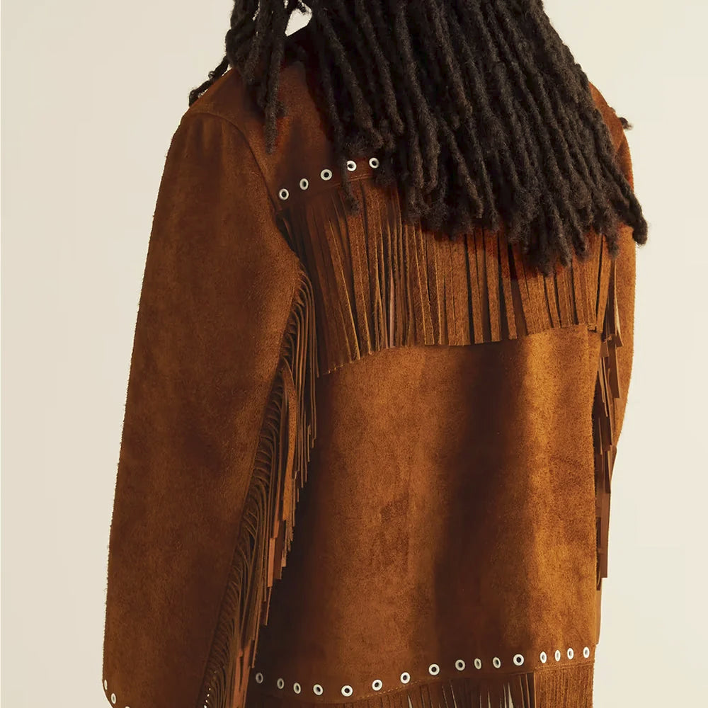 Rear view of men’s brown suede ranch jacket showing shoulder fringe, sleeve tassels and eyelet hem