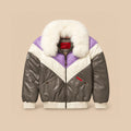 Front view of men’s charcoal, lavender and ivory lambskin leather V-Bomber with chevron panels and removable ivory fox fur collar.