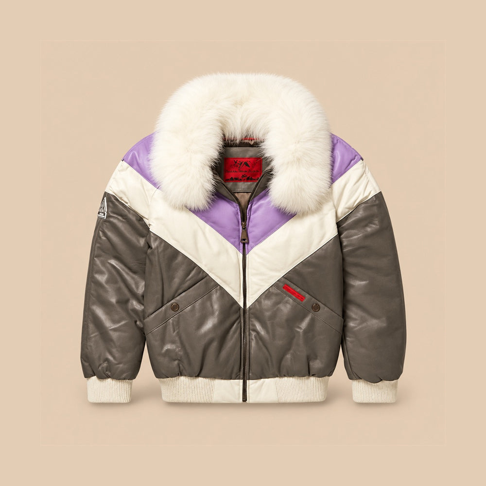 Front view of men’s charcoal, lavender and ivory lambskin leather V-Bomber with chevron panels and removable ivory fox fur collar.