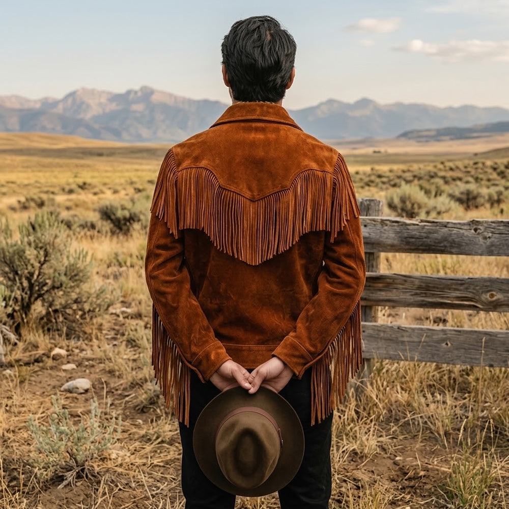 Back view of a men’s suede ranch jacket with sculpted V-shaped yoke and long shoulder fringe
