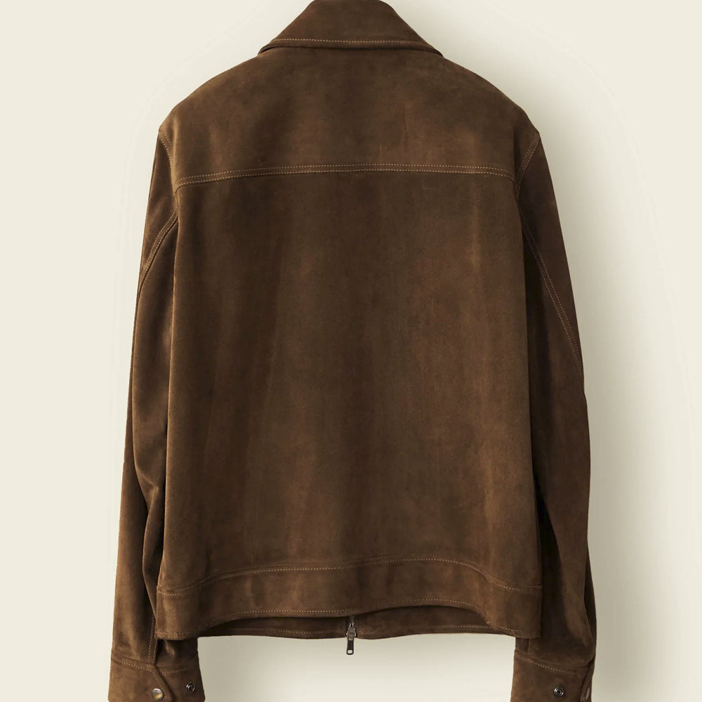 Rear view of the men’s chocolate suede field jacket showing a horizontal yoke and clean unembellished back panel