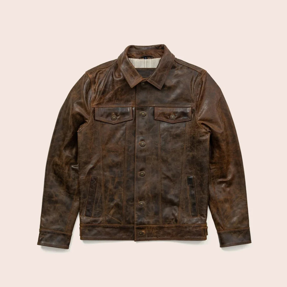 Front view of men’s distressed leather trucker jacket in antique brown