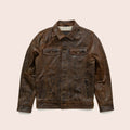 Front view of men’s distressed leather trucker jacket in antique brown