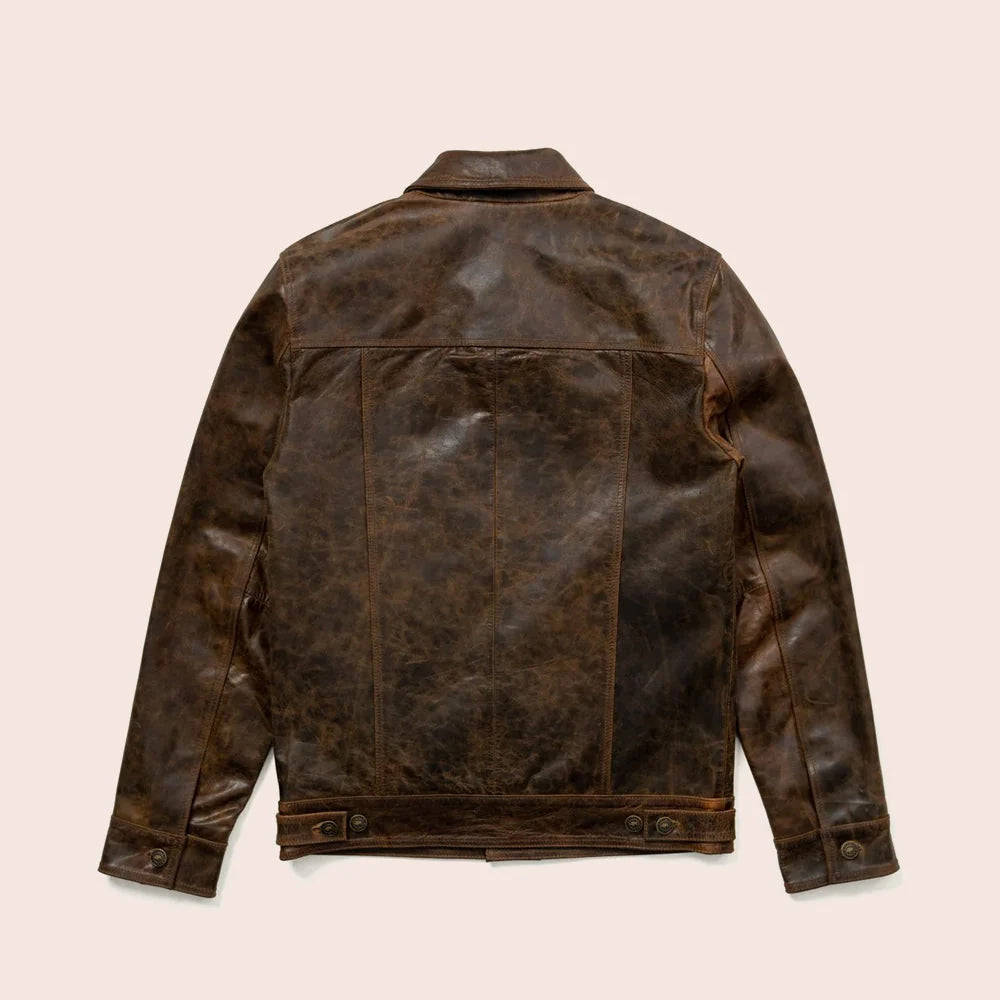 Back view of antique brown leather trucker jacket with adjustable waist tabs