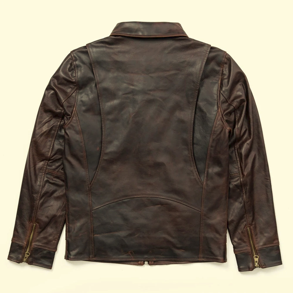 Rear view showing the clean center panel and curved lower seam of the distressed brown leather jacket