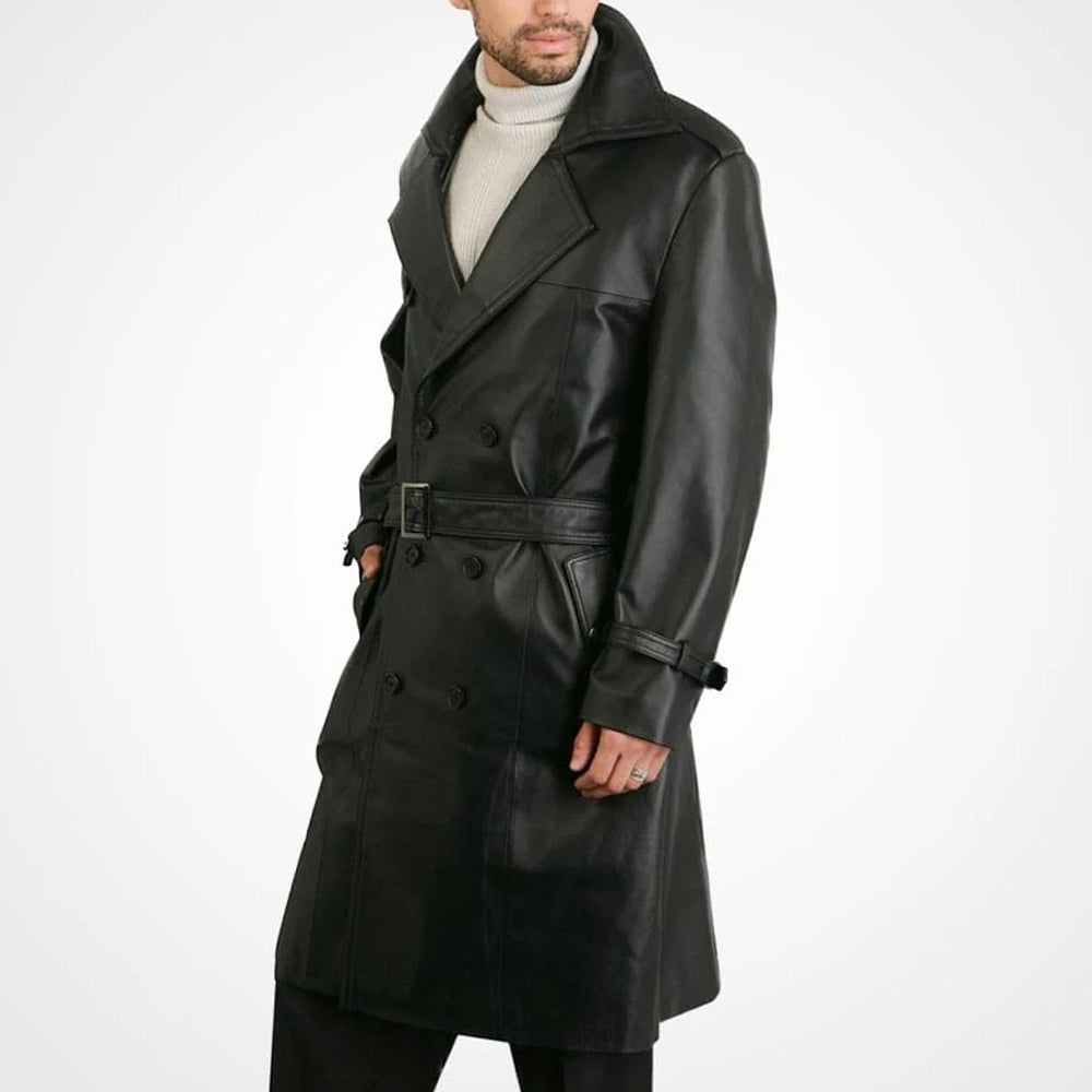 Side view of a men’s double-breasted black leather overcoat with belt and buckle cuffs.