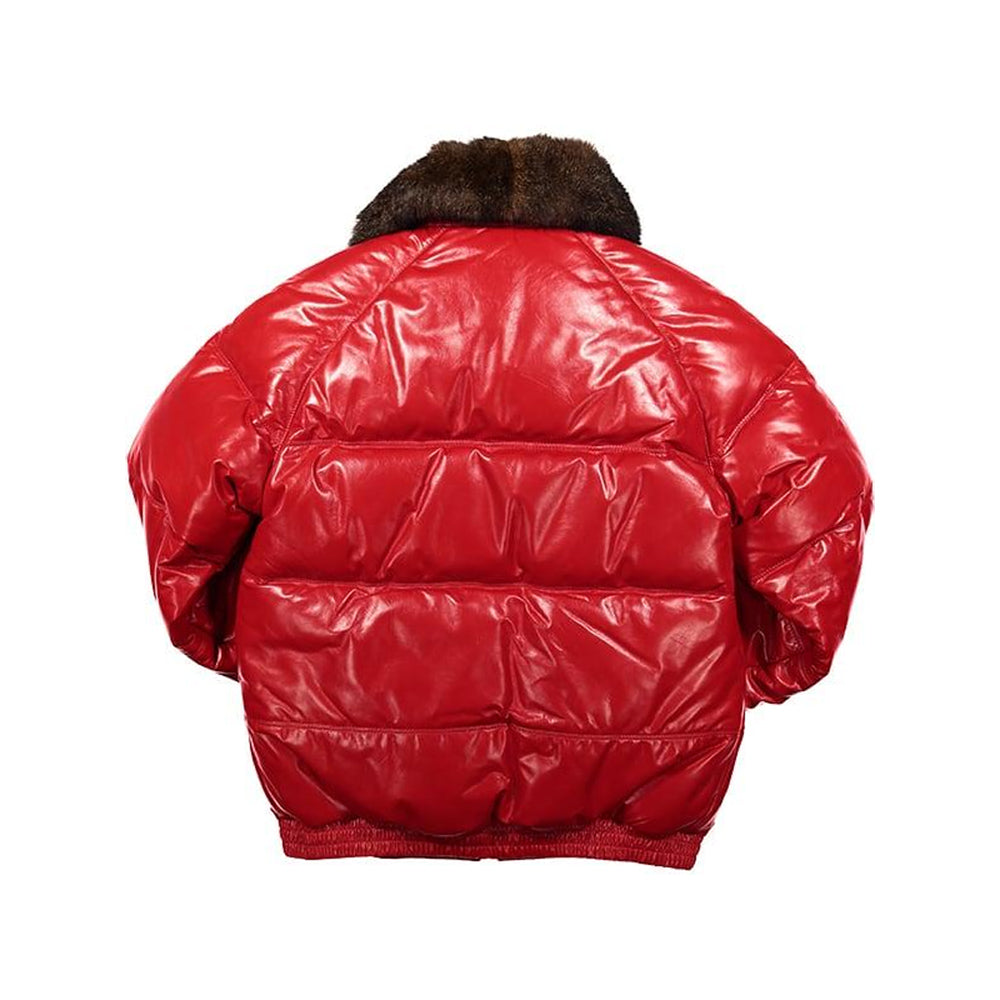 Back view of men’s glossy red leather down bomber showing broad horizontal baffles, shaped shoulders and an elasticated waist.
