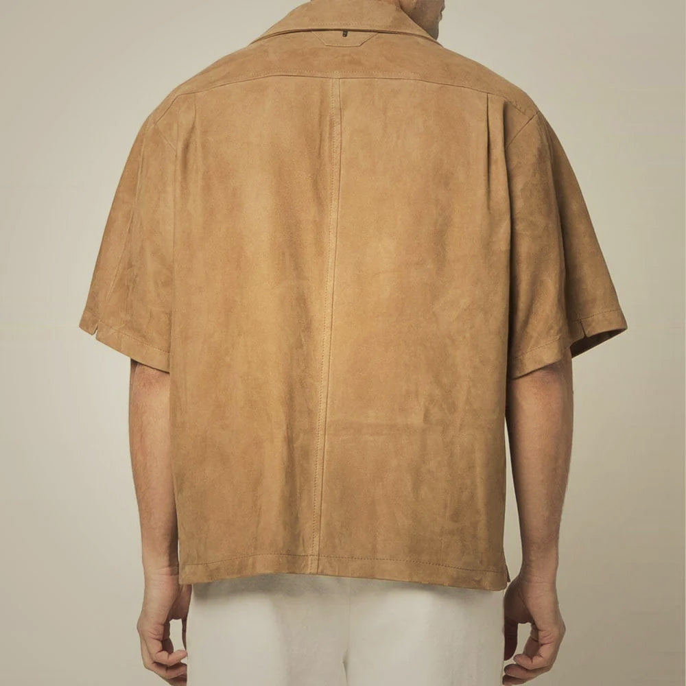 Back view of men’s goatskin suede overshirt with dropped shoulders, horizontal yoke and vertical center seam
