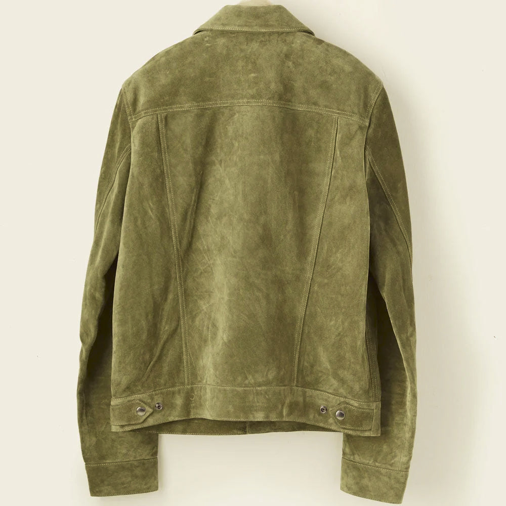 Rear view of men’s green suede trucker jacket with shoulder yoke and adjustable waist tabs