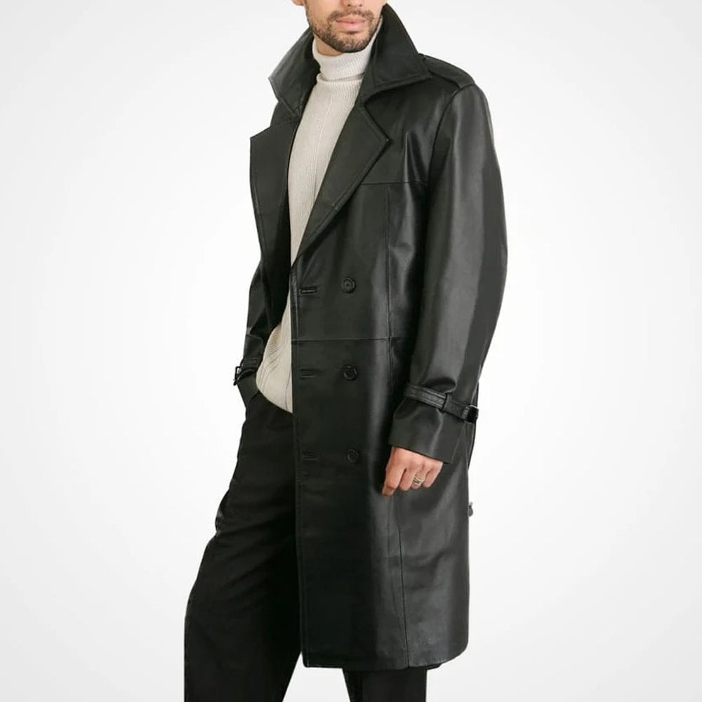 Man wearing a knee-length black cowhide trench coat without the removable waist belt.