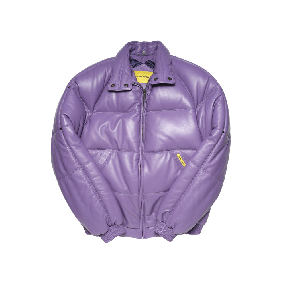 Front view of men’s lavender leather puffer bomber without wool trim, showing its padded snap collar and welt pockets.