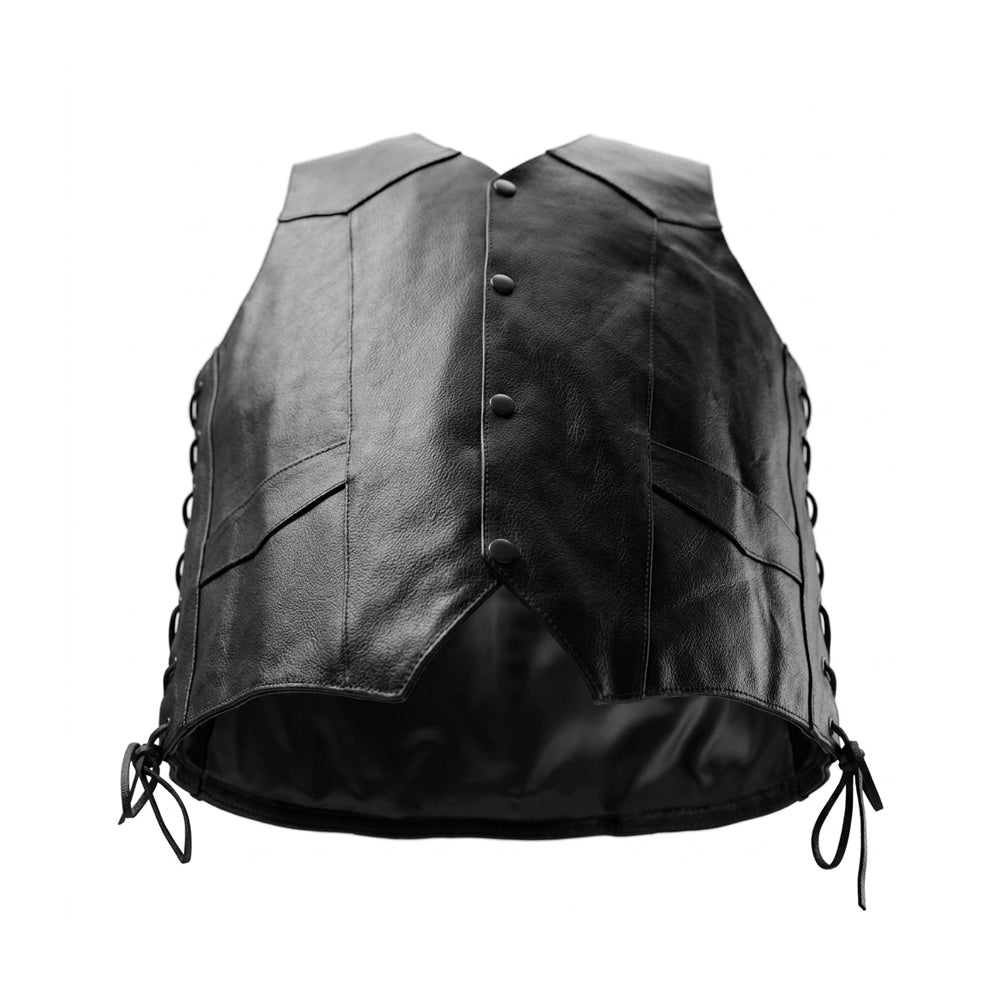Low-angle detail of men’s leather cut-off showing matte snaps, shaped pocket panels, pointed hem and tied side cords
