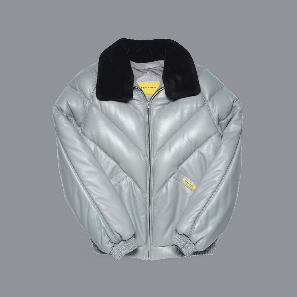 Men’s light grey lambskin V-bomber front with chevron quilting, black shearling collar, zipper and welt pockets