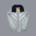 Men’s light grey lambskin V-bomber front with chevron quilting, black shearling collar, zipper and welt pockets