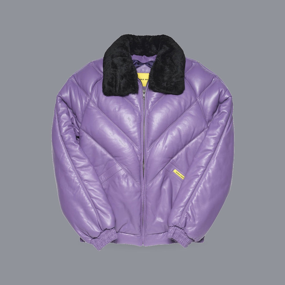 Front view of men’s lilac lambskin V-Bomber with chevron quilting and detachable black sheep-wool collar