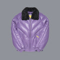 Front view of men’s lilac lambskin V-Bomber with chevron quilting and detachable black sheep-wool collar