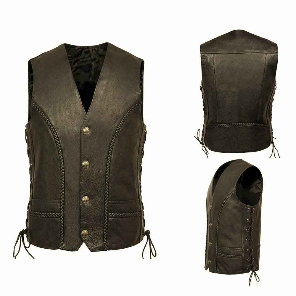 Multi-angle view of men’s motorcycle-cut leather vest with tonal hand braiding, welt pockets and grommeted side lacing