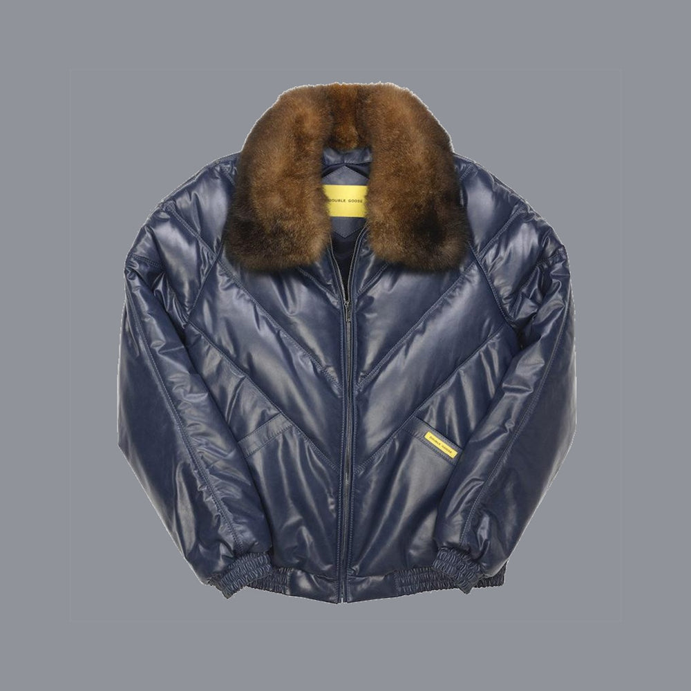 Front view of men’s navy Double Goose V-Bomber with chevron quilting and a two-tone brown opossum-fur collar