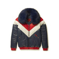 Front view of men’s tri-color leather V-bomber jacket with navy fox-fur collar, red ribbing and ivory chevron panels