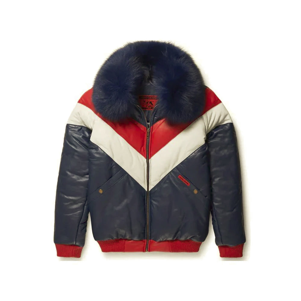 Front view of men’s tri-color leather V-bomber jacket with navy fox-fur collar, red ribbing and ivory chevron panels