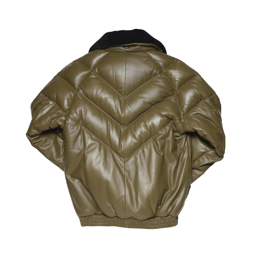Rear view of olive leather down bomber showing centered V channels, middle seam and gathered leather waistband