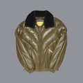Men’s olive lambskin V-bomber front with black shearling collar, stacked chevron quilting, zipper and welt pockets