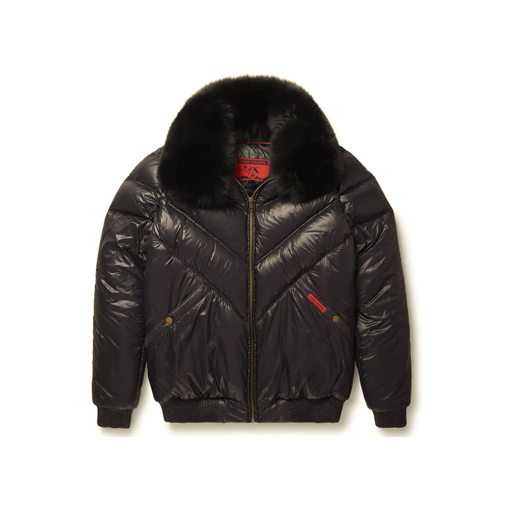 Front view of men’s Original Goose Country dark aubergine leather V-bomber with black fur collar and red brand labels
