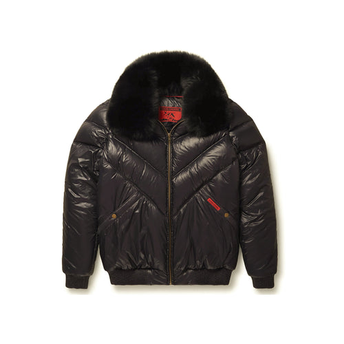 Front view of men’s Original Goose Country dark aubergine leather V-bomber with black fur collar and red brand labels