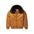 Front view of men’s Original Goose Country cognac leather V-bomber with black fox-fur collar and red pocket logo