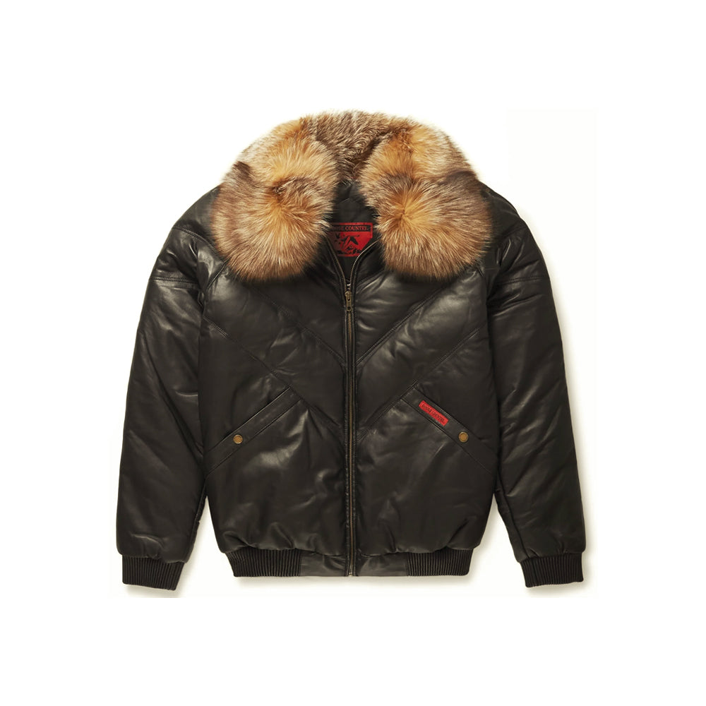 Front view of men’s Original Goose Country black V-bomber with golden crystal fox-fur collar and red pocket label