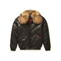 Front view of men’s Original Goose Country black V-bomber with golden crystal fox-fur collar and red pocket label