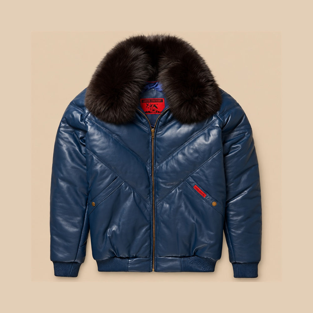 Men’s Original Goose Country navy lambskin leather V-Bomber front with tonal chevron panels and removable black fox-fur collar.