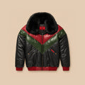 Front view of men’s Original Goose Country black lambskin V-Bomber with crimson-red and forest-green chevron panels, black fur collar and red rib-knit trim.