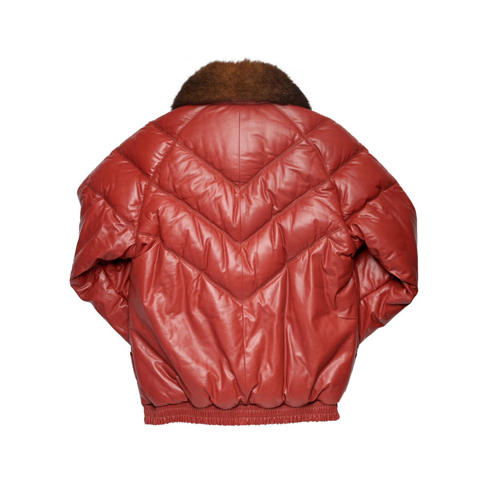 Back view of red calfskin Double Goose jacket showing layered V quilting, center seam and elasticated leather hem