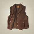 Brown nubuck face of men’s reversible leather vest with notch lapels, brass snaps and three utility pockets