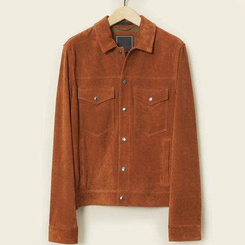 Front hanger view of men’s rust brown goatskin suede jacket with snap placket and four exterior pockets