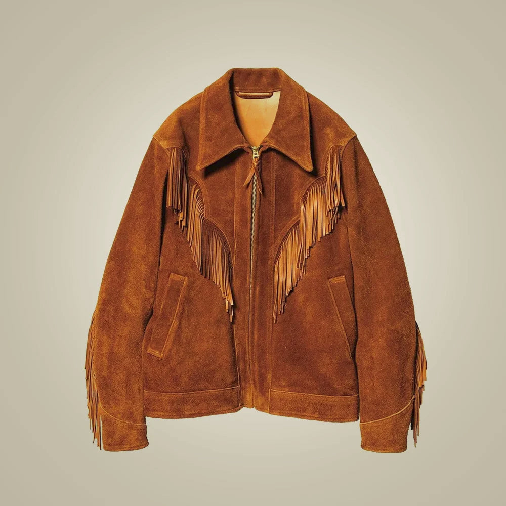 Men’s rust brown goatskin suede Western fringe jacket with oversized collar and front YKK zipper