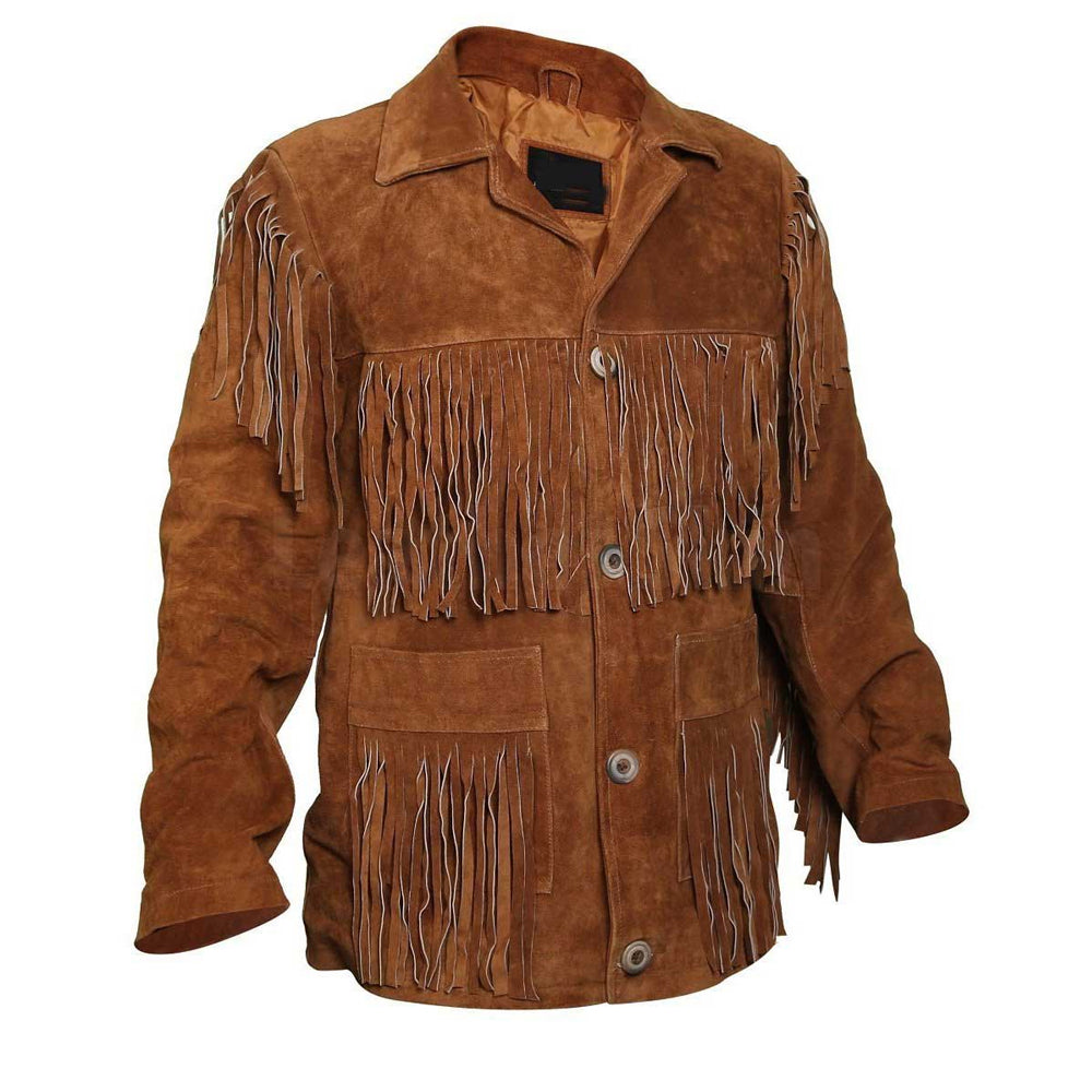 Angled view of men’s warm brown cowboy suede jacket with point collar, chest tassels and silver-tone snaps