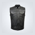 Straight front view of men’s snap-front leather riding vest with flap chest pockets and vertical hand compartments