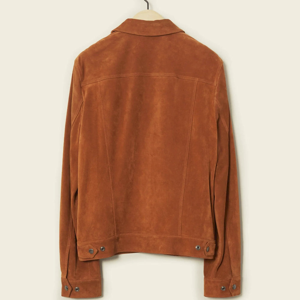 Back view of men’s cognac suede trucker jacket with broad shoulder yoke, vertical seams and waist adjuster tabs