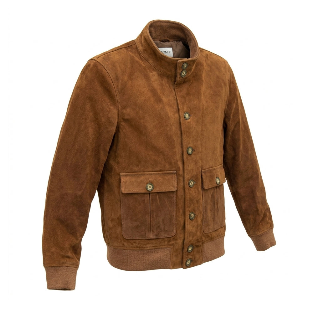 Three-quarter product view of a men’s brown suede utility bomber with double-button collar and flap pockets