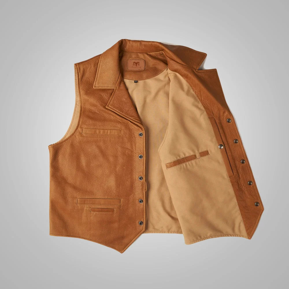 Open men’s tan cowhide leather waistcoat showing viscose lining, snap closure and interior pocket