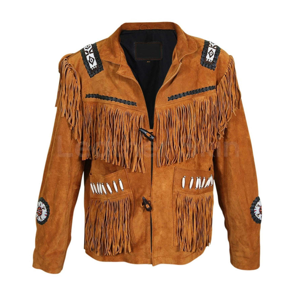 Front view of men’s tan suede cowboy jacket with cascading fringe, geometric beadwork and toggle closures