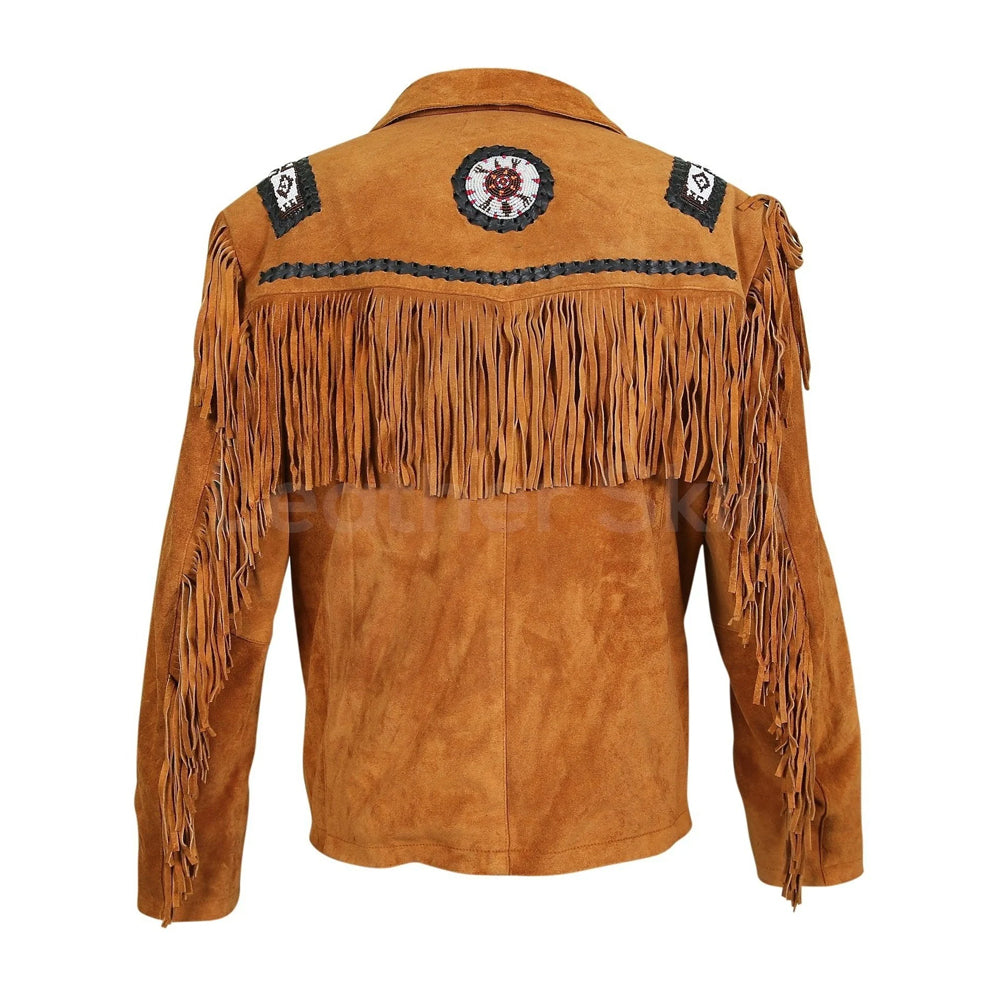 Back view of men’s tan suede Western jacket with beaded medallion, braided yoke trim and cascading fringe