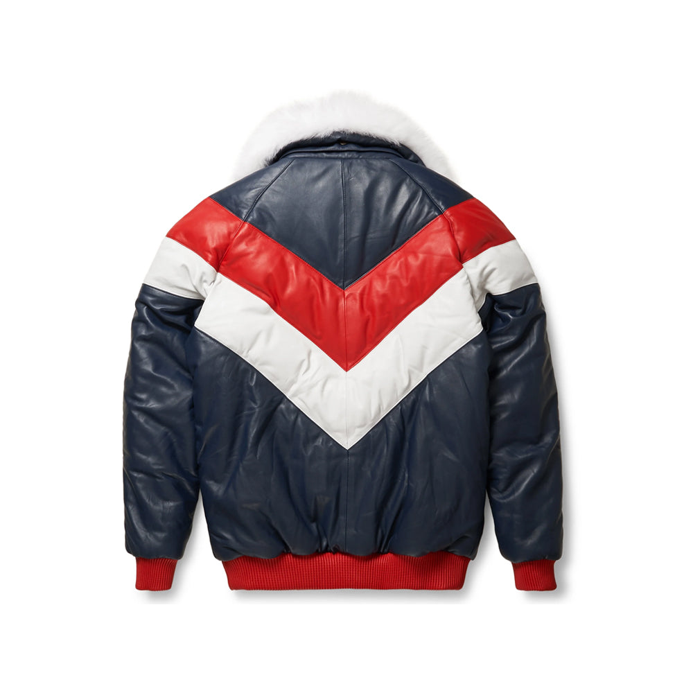 Back view of men’s tri-color leather V-Bomber with stacked red and white chevron panels, navy sleeves and red rib-knit hem.