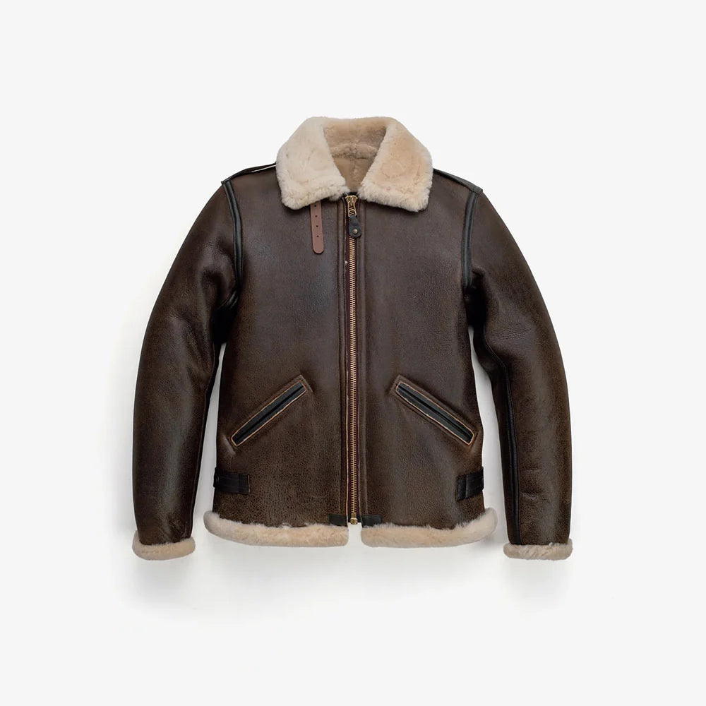 Front view of men’s Type B-6 shearling leather jacket in vintage brown